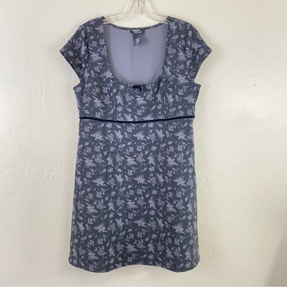 Thorn & Fable Size Medium Grey Black Floral Short Sleeve Scoop Mini Swing Dress